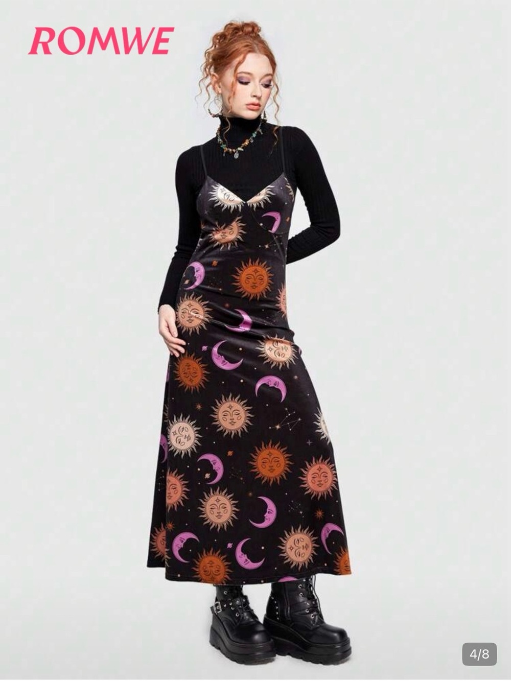 ROMWE Black Maxi Slip Dress with Pink & Orange Celestial Print whimsigoth